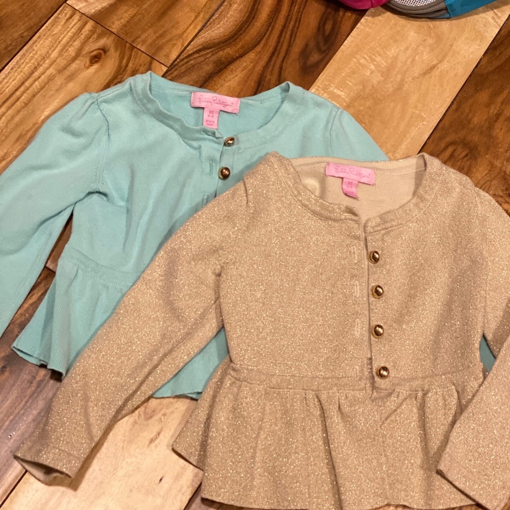 (2) Lilly Pulitzer XS Cardigans Aqua & Gold